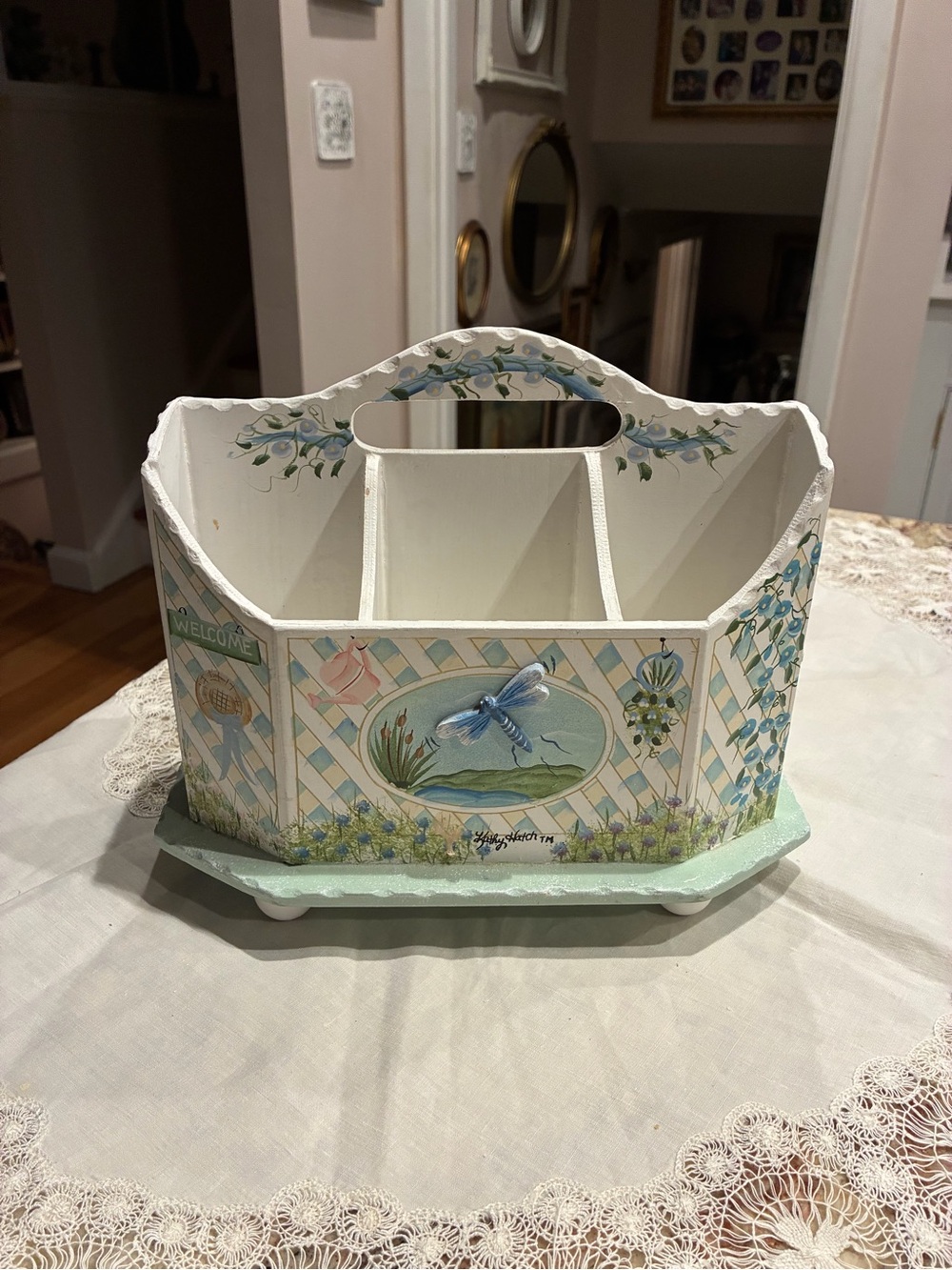 Painted Dragonfly Decorative Caddy - White and Pastel Blue